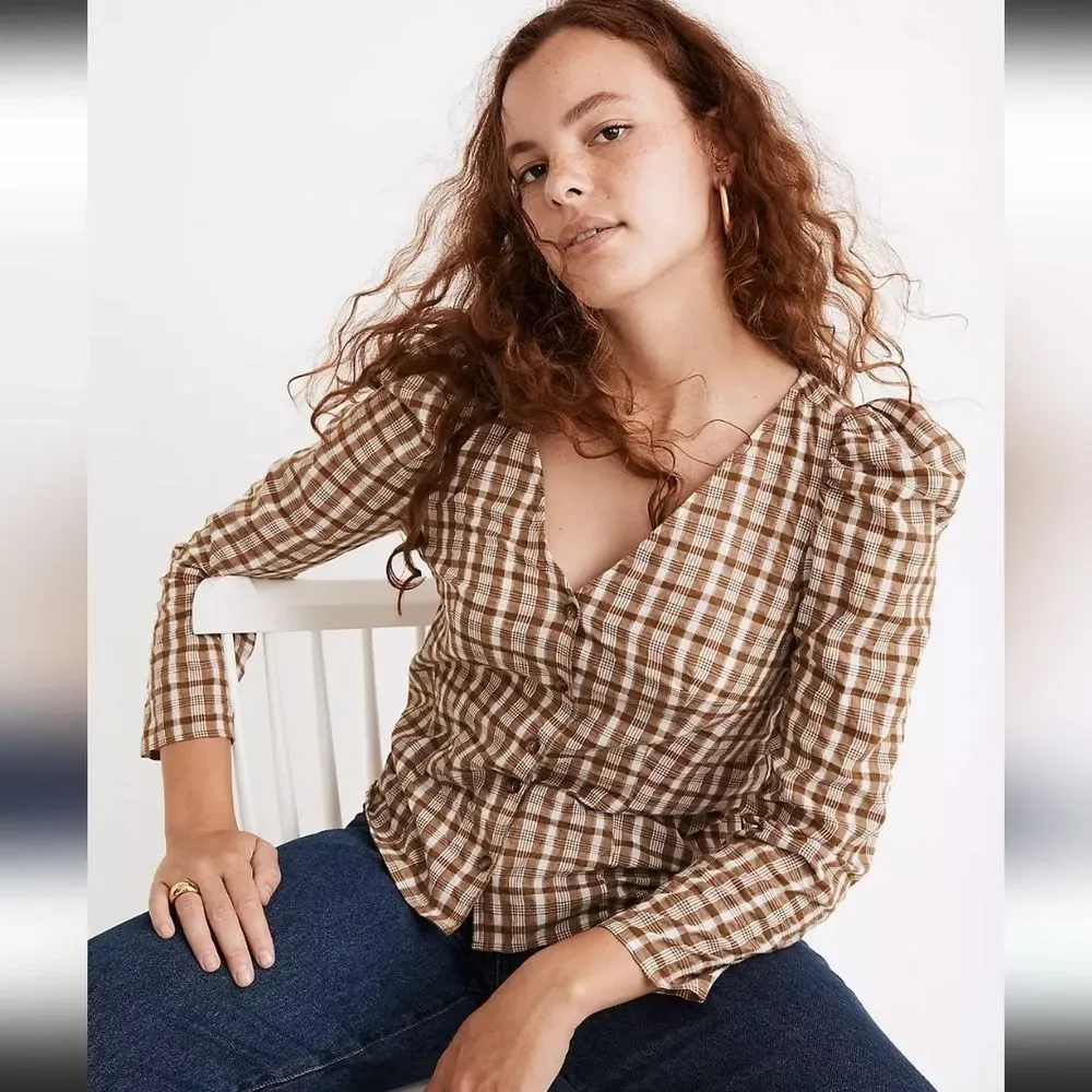 Madewell Brown and White Gingham Wrap Blouse